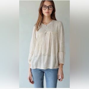 Lucky Brand Long Sleeve Pleated 3/4 Button Top Ivory/Black Peasant Boho Casual S
